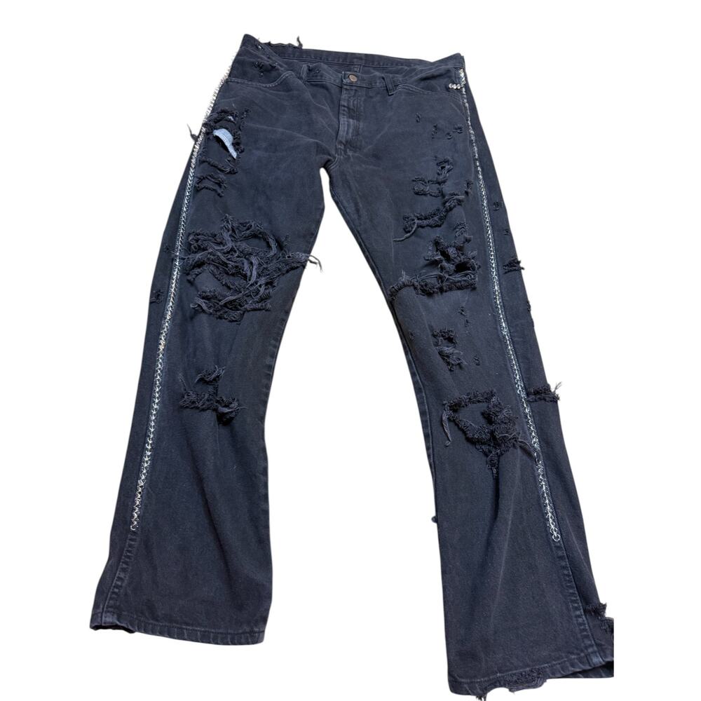 Rustler Updone Custom Made Studded Goth Punk Black Denim Distress Jeans 36x32 E8